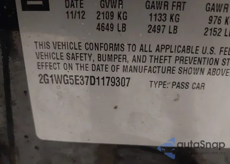 2013 Chevrolet Impala Lt z USA, uszkodzony, nr VIN 2G1WG5E37D1179307